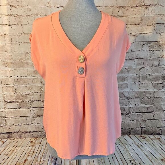 Lascana Womens Blouse Top Short Sleeve V Neck Abalone Button Coral Orange 10 - Picture 1 of 8